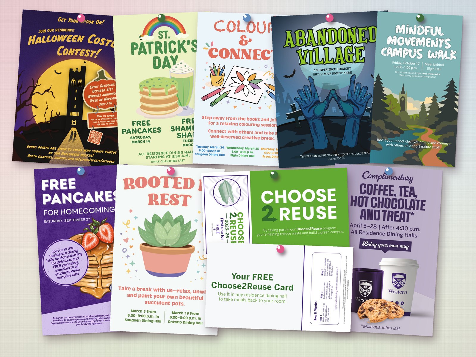 Halloween, St. Patrick’s Day, Colour & Connect and Homecoming residence event designs