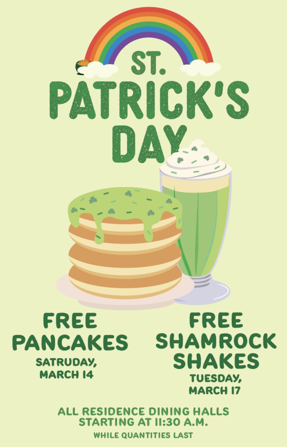 St. Patrick’s Day free pancakes and shamrock shakes poster